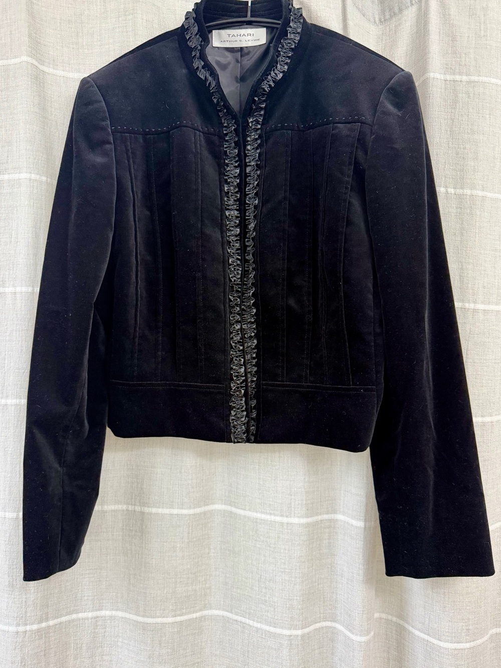 Tahari Black Velvet Ruffle-Trim Blazer